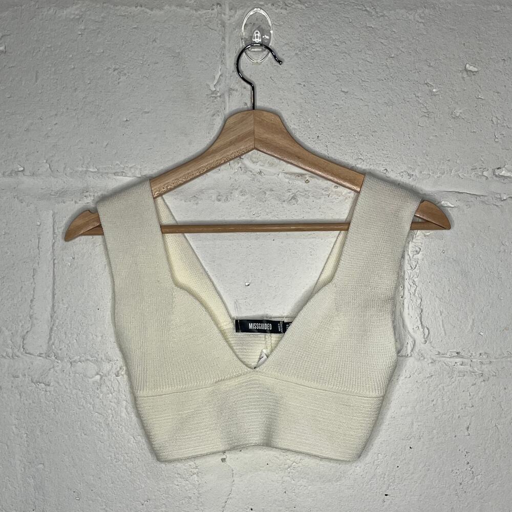 Missguided Women's Off White Cropped V-Neck Knit Tank Top‎ Size 2/4